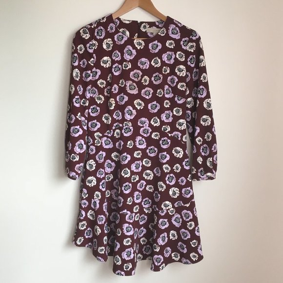 Loft Dresses | Ann Taylor Loft Floral Print Long Sleeve Fit Flare Dress Burgundy Womens Size 2 | Color: Brown/Red | Size: 2 | Www098397's Closet